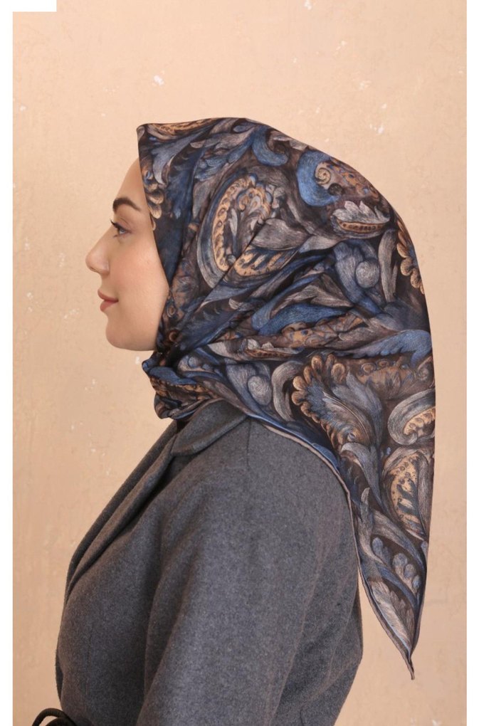 Kadın Gri mavi şal desen soft eşarp - Görsel 2