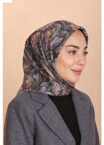 GRİ  YEŞİL  KAHVE SOFT PAMUK EŞARP - Görsel 2