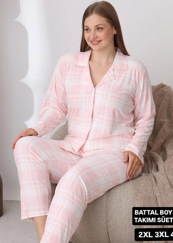 Pembe Uzun Kollu Midi Pijama Takımı