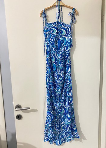 Mavi Bağcıklı Uzun Drapeli Kadın Elbise - Görsel 2