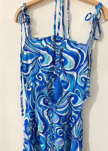 Mavi Bağcıklı Uzun Drapeli Kadın Elbise - Görsel 3