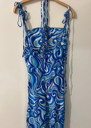 Mavi Bağcıklı Uzun Drapeli Kadın Elbise - Görsel 5