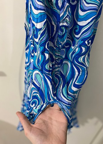 Mavi Bağcıklı Uzun Drapeli Kadın Elbise - Görsel 4