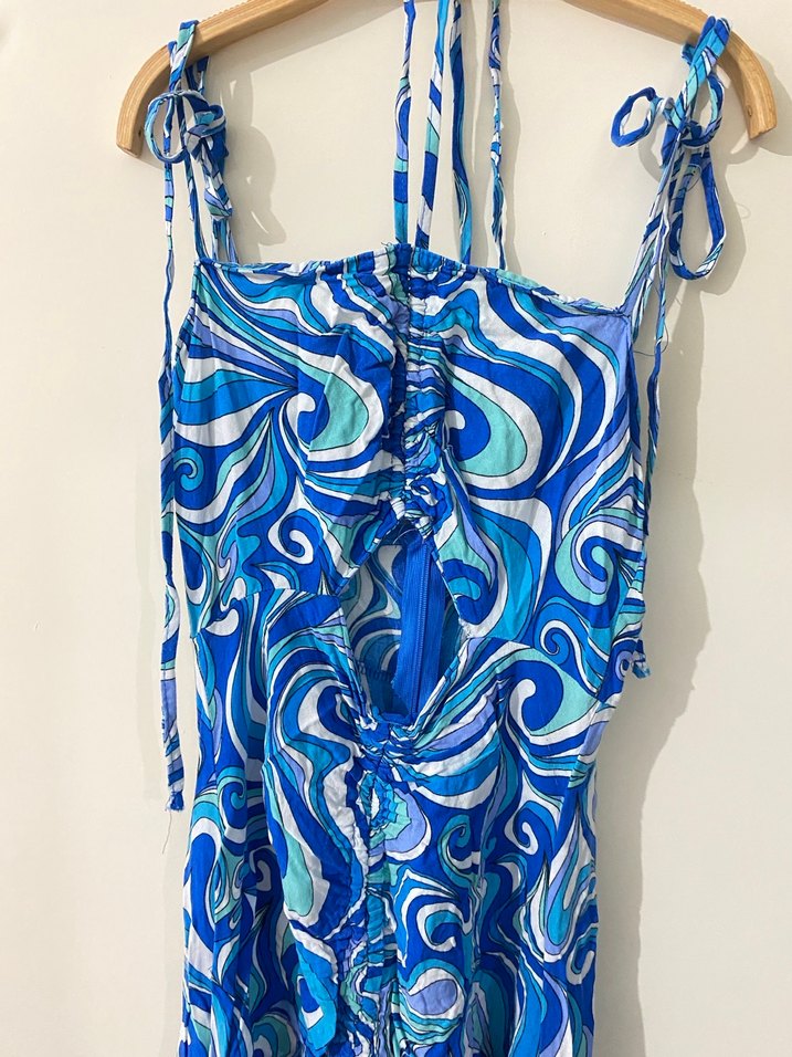 Mavi Bağcıklı Uzun Drapeli Kadın Elbise - Görsel 3