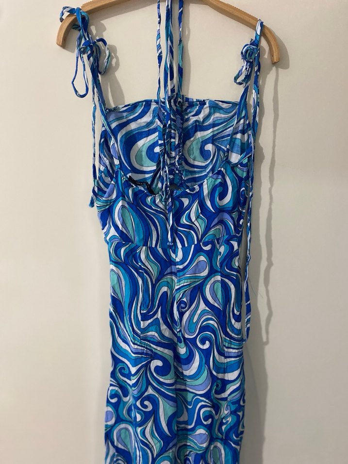 Mavi Bağcıklı Uzun Drapeli Kadın Elbise - Görsel 5