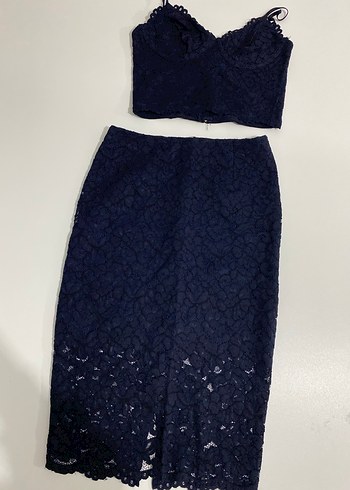Lacivert Dantel İşlemeli Mini Büstiyer ve Etek Takım - Görsel 7