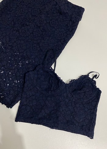 Lacivert Dantel İşlemeli Mini Büstiyer ve Etek Takım - Görsel 5