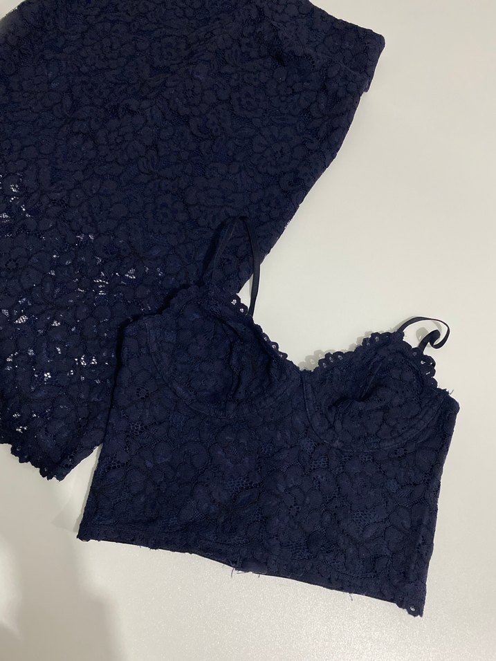 Lacivert Dantel İşlemeli Mini Büstiyer ve Etek Takım - Görsel 5