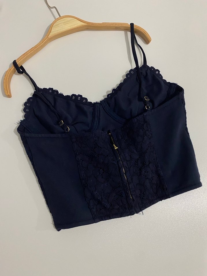 Lacivert Dantel İşlemeli Mini Büstiyer ve Etek Takım - Görsel 2