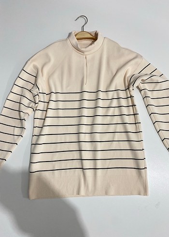 Bej Çizgili Yüksek Yakalı Kadın Kazak - Görsel 8