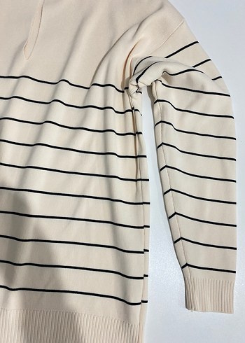Bej Çizgili Yüksek Yakalı Kadın Kazak - Görsel 5