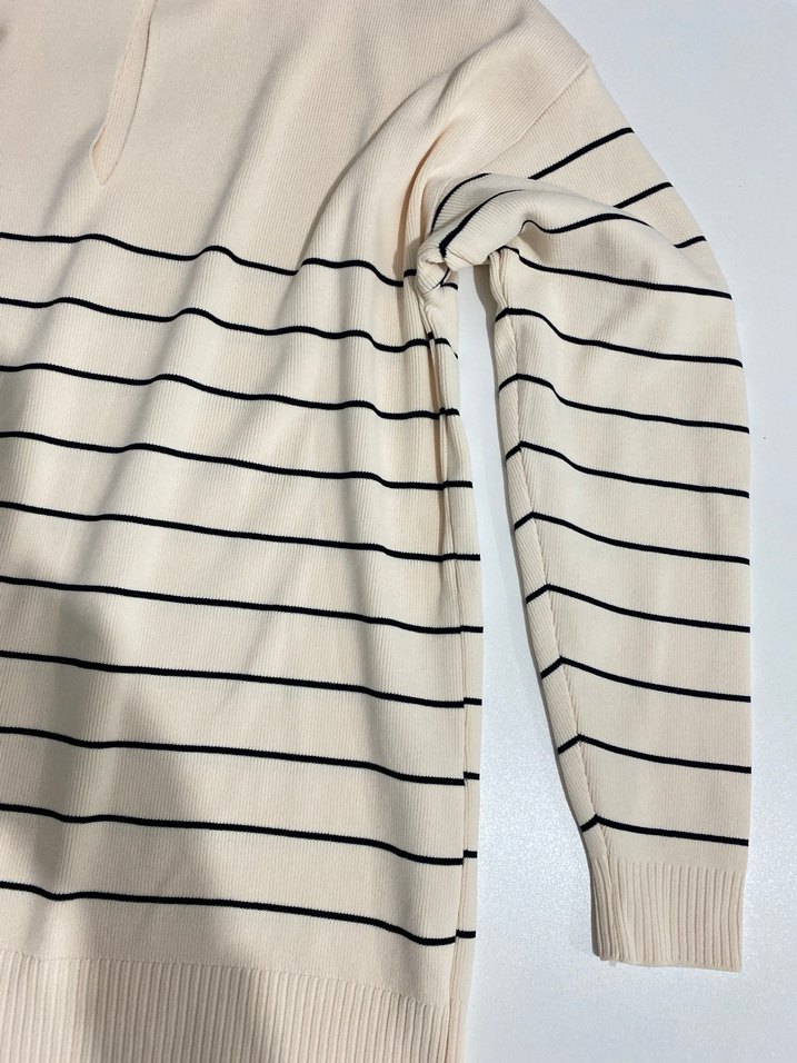 Bej Çizgili Yüksek Yakalı Kadın Kazak - Görsel 5