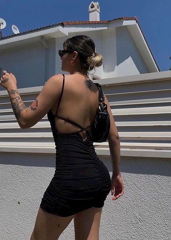 Siyah Mini Büzgülü Elbise - Görsel 2