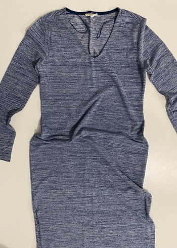 Uzun Kollu V Yakalı Mavi Kadın Tunik Elbise - Görsel 3