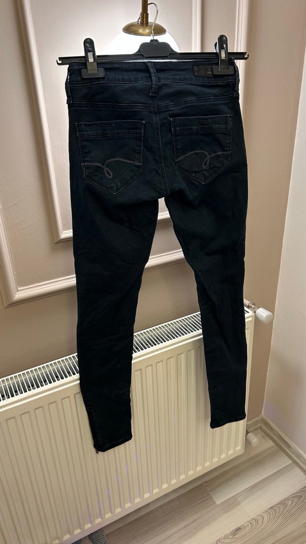 Lacivert siyah Beli Pilili Kadın Denim Pantolon - Görsel 4