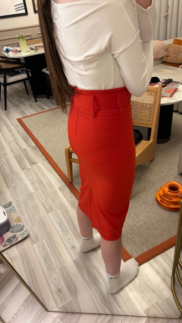 Kırmızı Beli Kemerli Kalem Etek - Görsel 4