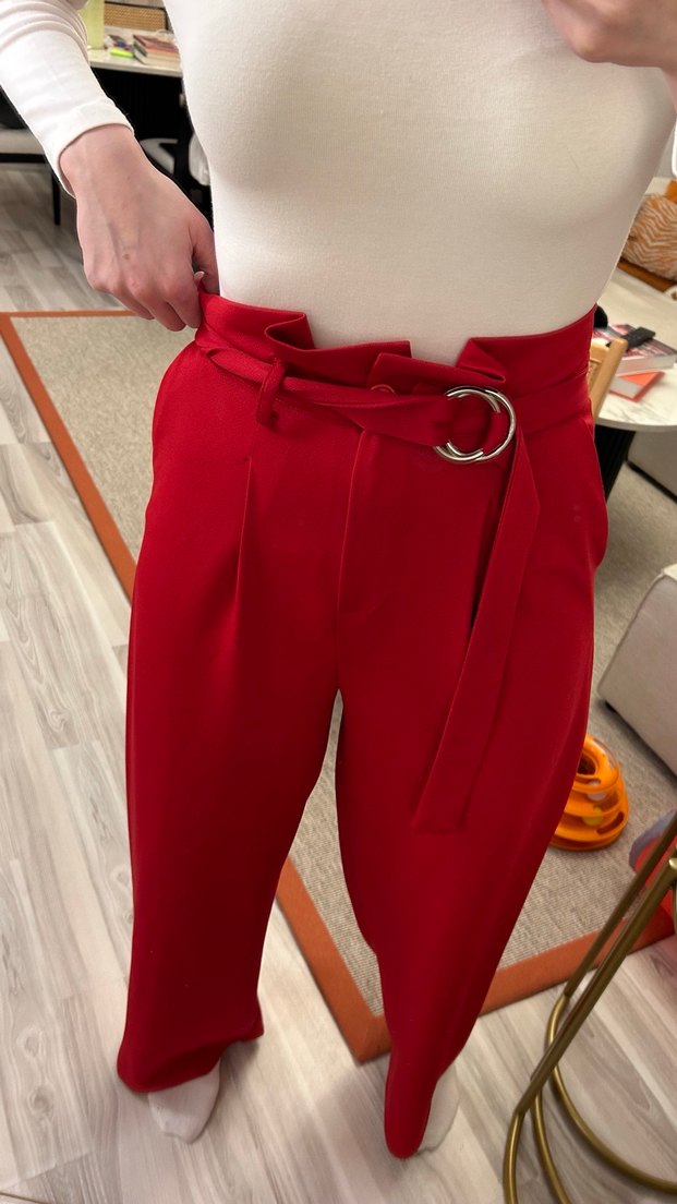 Kemer Detaylı Kırmızı Kadın Kumaş Pantolon - Görsel 3