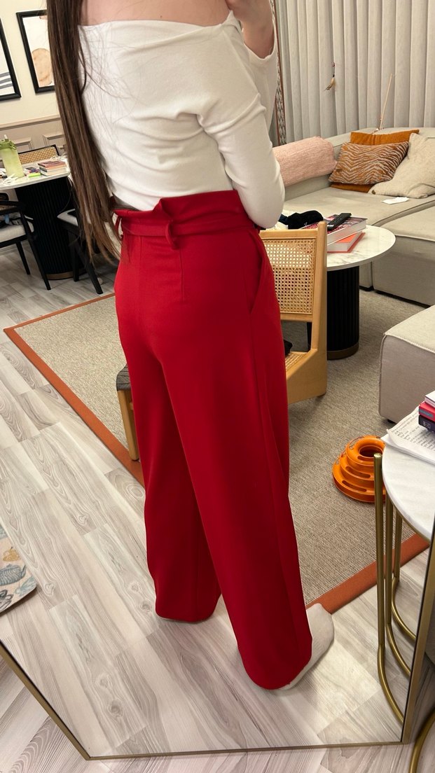 Kemer Detaylı Kırmızı Kadın Kumaş Pantolon - Görsel 5