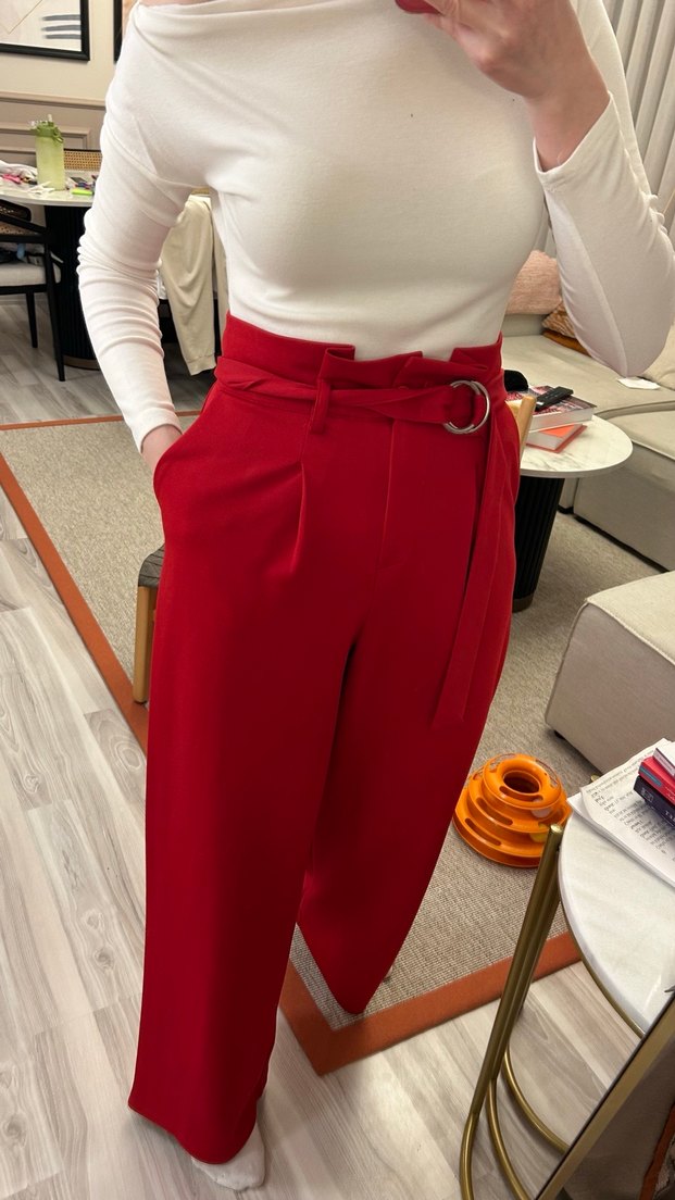 Kemer Detaylı Kırmızı Kadın Kumaş Pantolon - Görsel 4