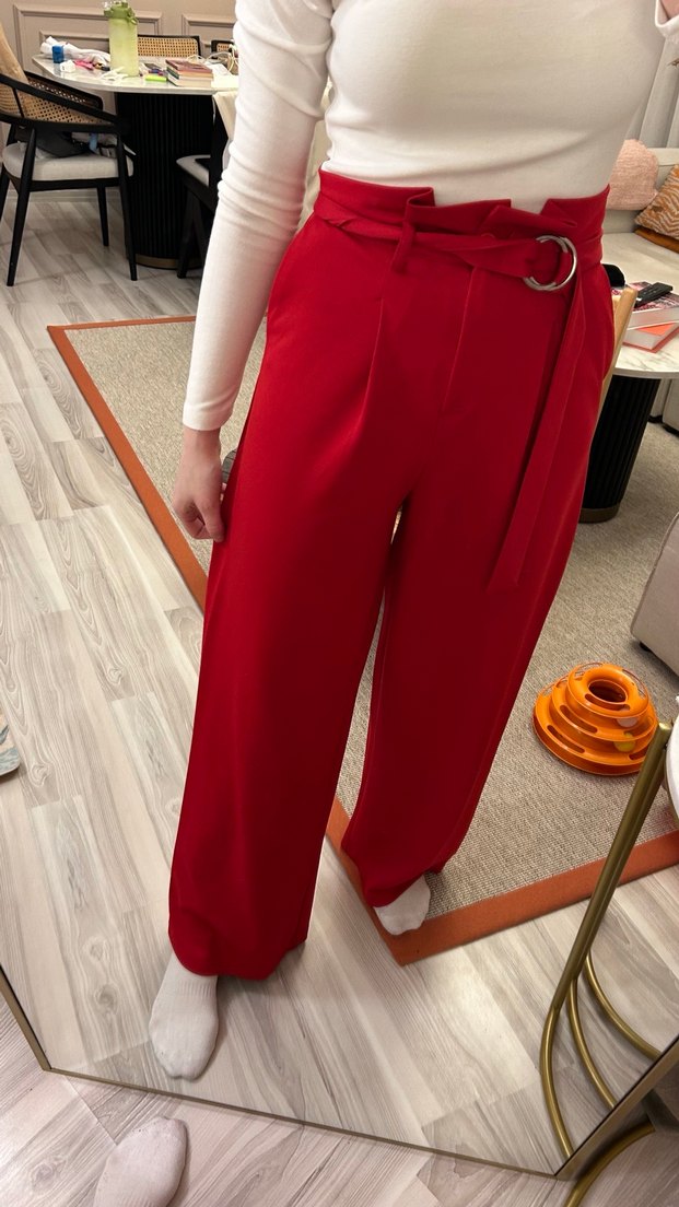 Kemer Detaylı Kırmızı Kadın Kumaş Pantolon - Görsel 2