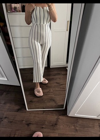 Kadın Beyaz Çizgili Uzun  Tulum - Görsel 2