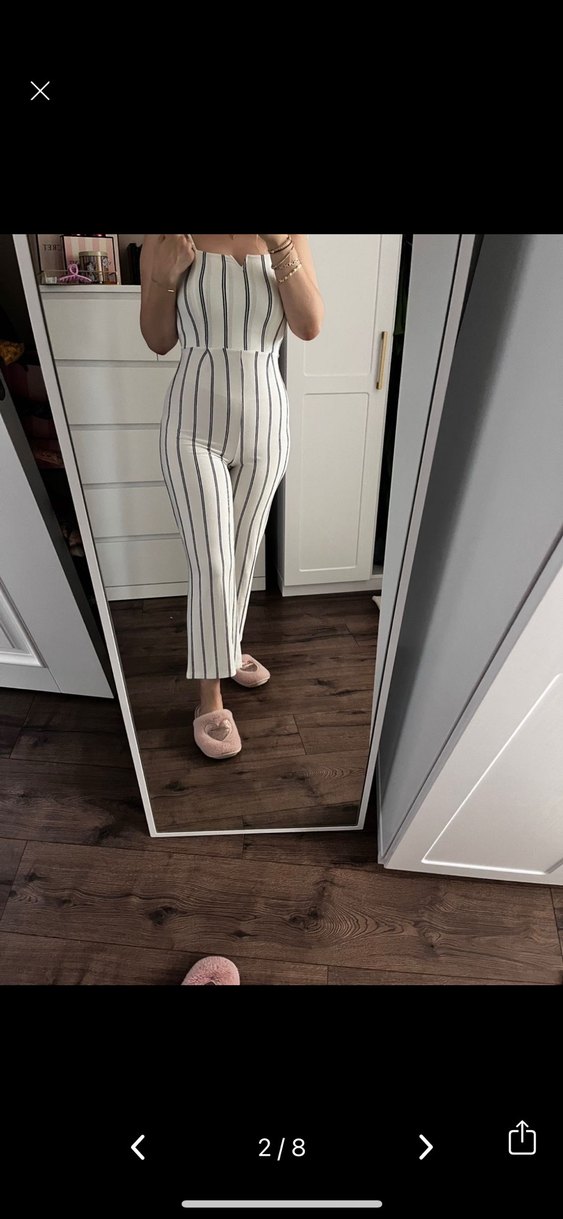 Kadın Beyaz Çizgili Uzun  Tulum - Görsel 2