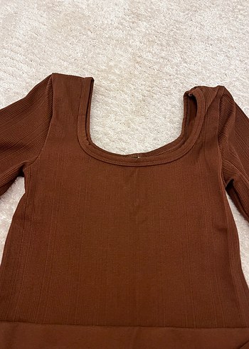 Kahverengi Kadın Crop Top Uzun Kollu - Görsel 3