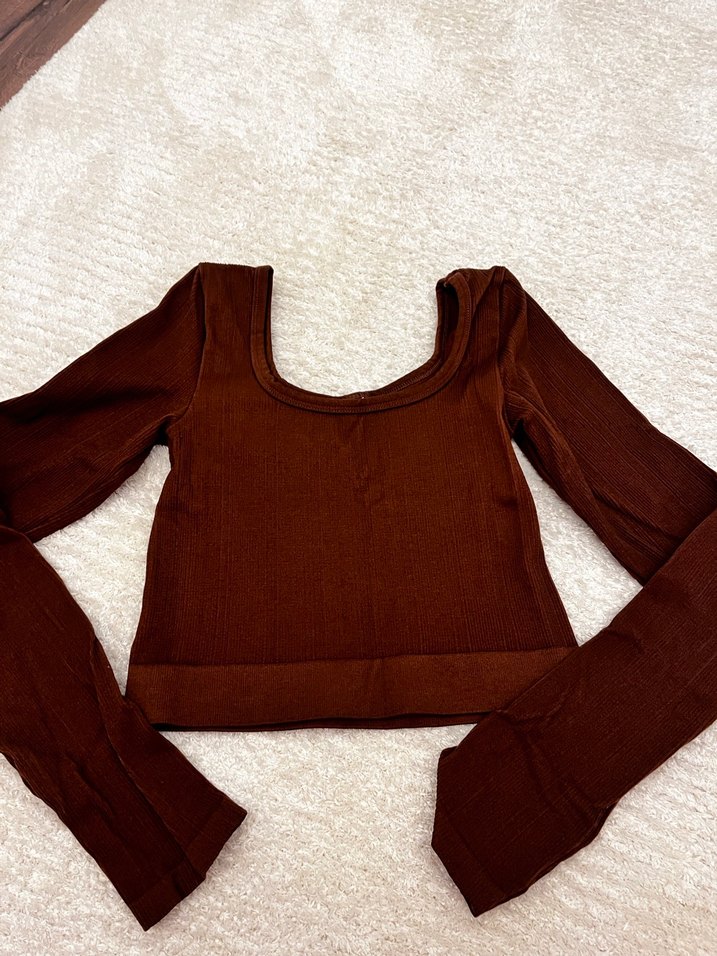 Kahverengi Kadın Crop Top Uzun Kollu - Görsel 4