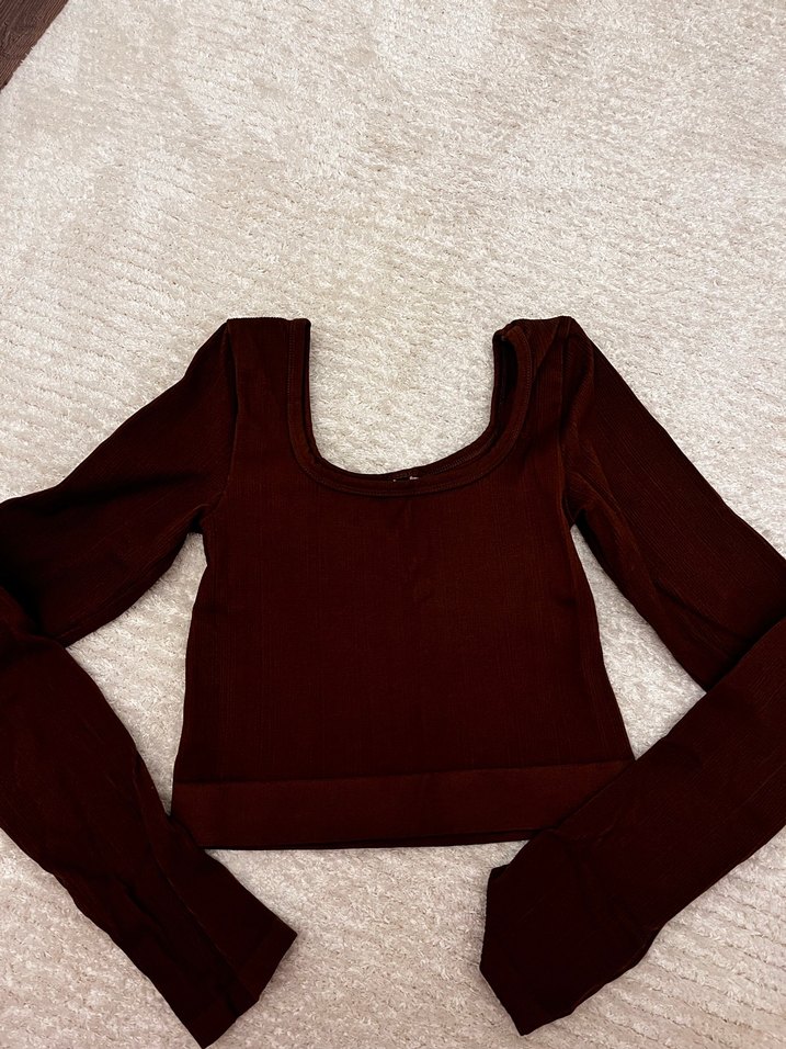 Kahverengi Kadın Crop Top Uzun Kollu - Görsel 5