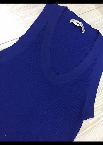 Kadın Mavi V Yaka Kolsuz Triko Atlet - Görsel 3