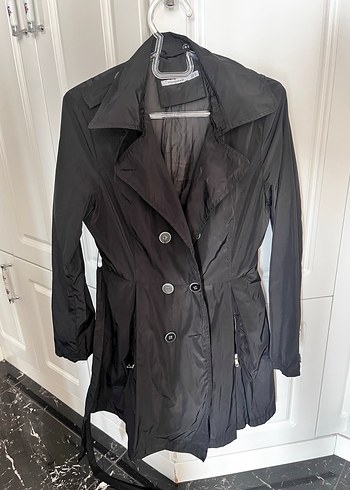 Siyah Midi Kadın Trençkot, Düğmeli, Notch Yaka - Görsel 2
