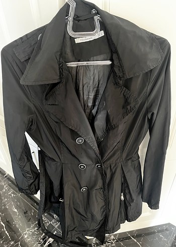 Siyah Midi Kadın Trençkot, Düğmeli, Notch Yaka - Görsel 5