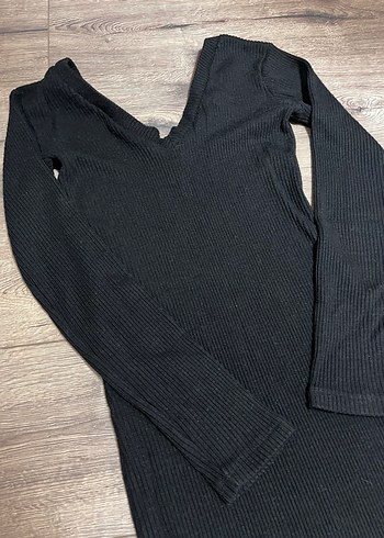 Siyah V Yakalı Uzun Kollu Kadın Elbise triko - Görsel 2