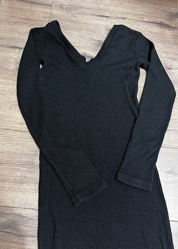 Siyah V Yakalı Uzun Kollu Kadın Elbise triko - Görsel 3