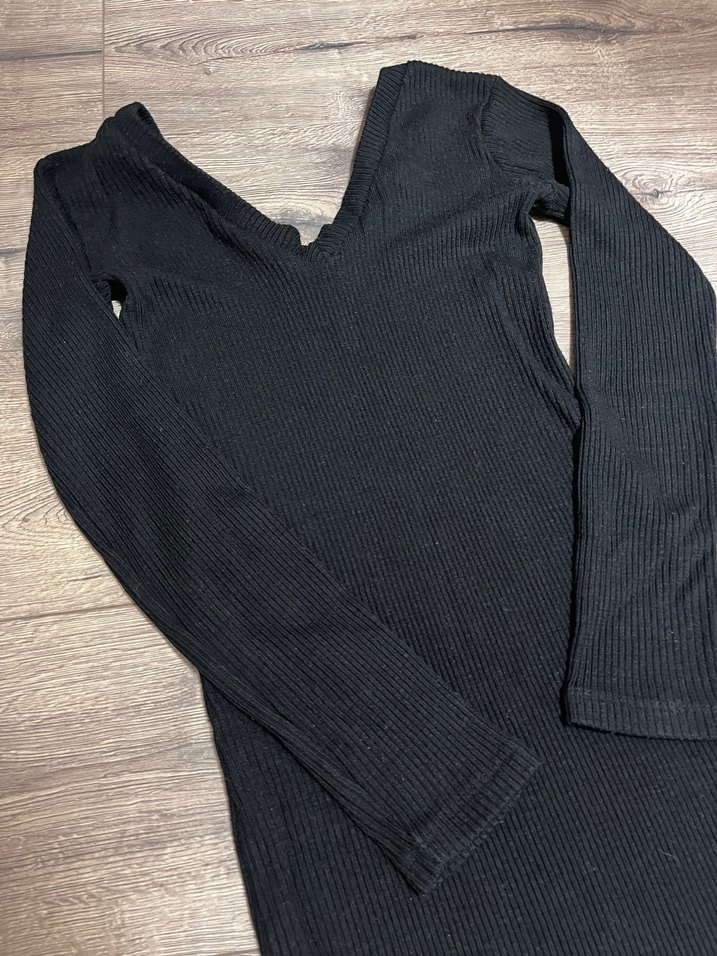 Siyah V Yakalı Uzun Kollu Kadın Elbise triko - Görsel 2