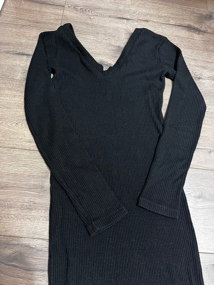 Siyah V Yakalı Uzun Kollu Kadın Elbise triko - Görsel 3