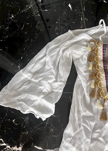 Püsküllü Nakışlı Beyaz Bohem Mini Tunik - Görsel 3