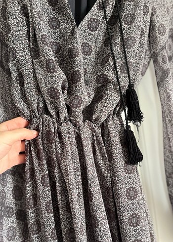 Mango Bohem V Yaka Uzun Kollu Gri Elbise - Görsel 5