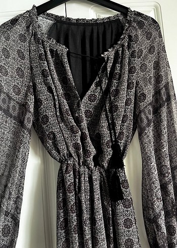 Mango Bohem V Yaka Uzun Kollu Gri Elbise - Görsel 2