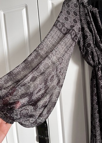 Mango Bohem V Yaka Uzun Kollu Gri Elbise - Görsel 3