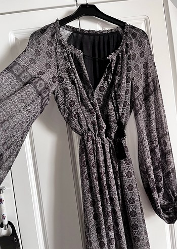 Mango Bohem V Yaka Uzun Kollu Gri Elbise - Görsel 4