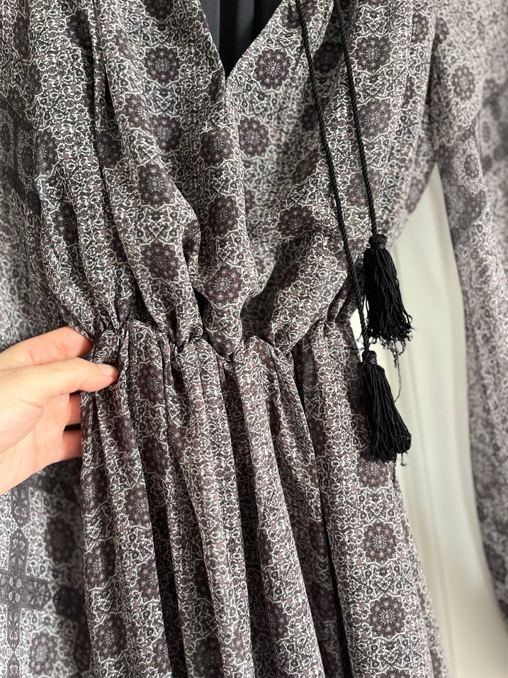 Mango Bohem V Yaka Uzun Kollu Gri Elbise - Görsel 5