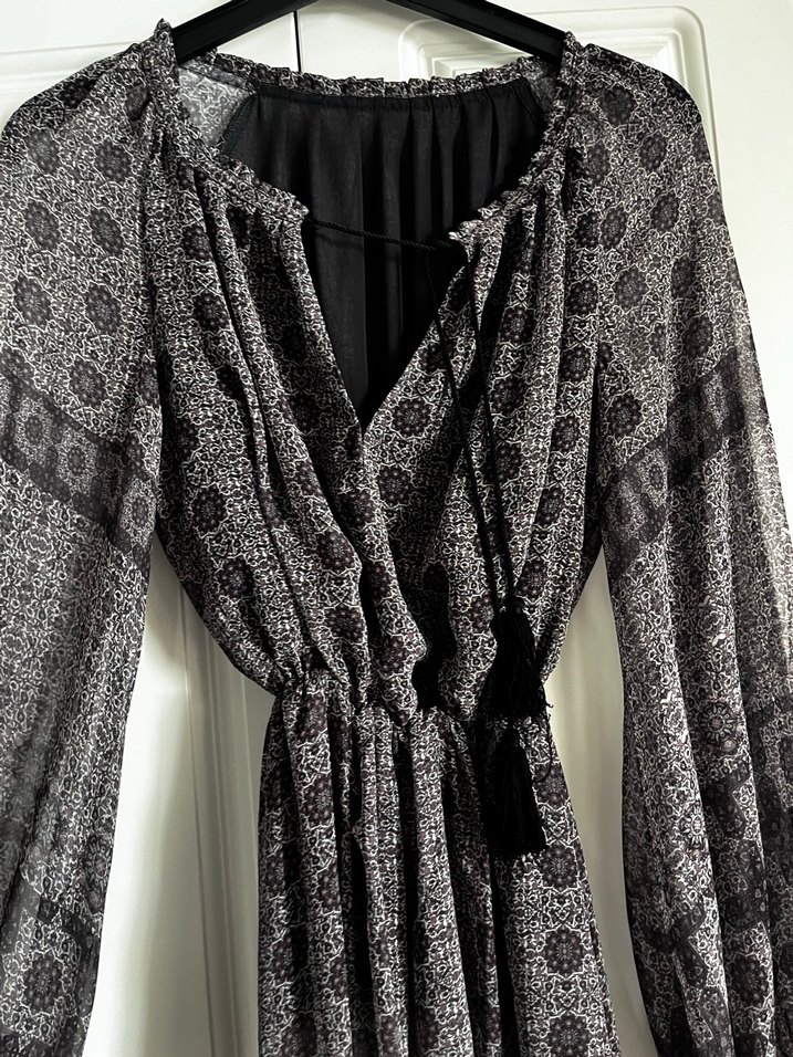 Mango Bohem V Yaka Uzun Kollu Gri Elbise - Görsel 2