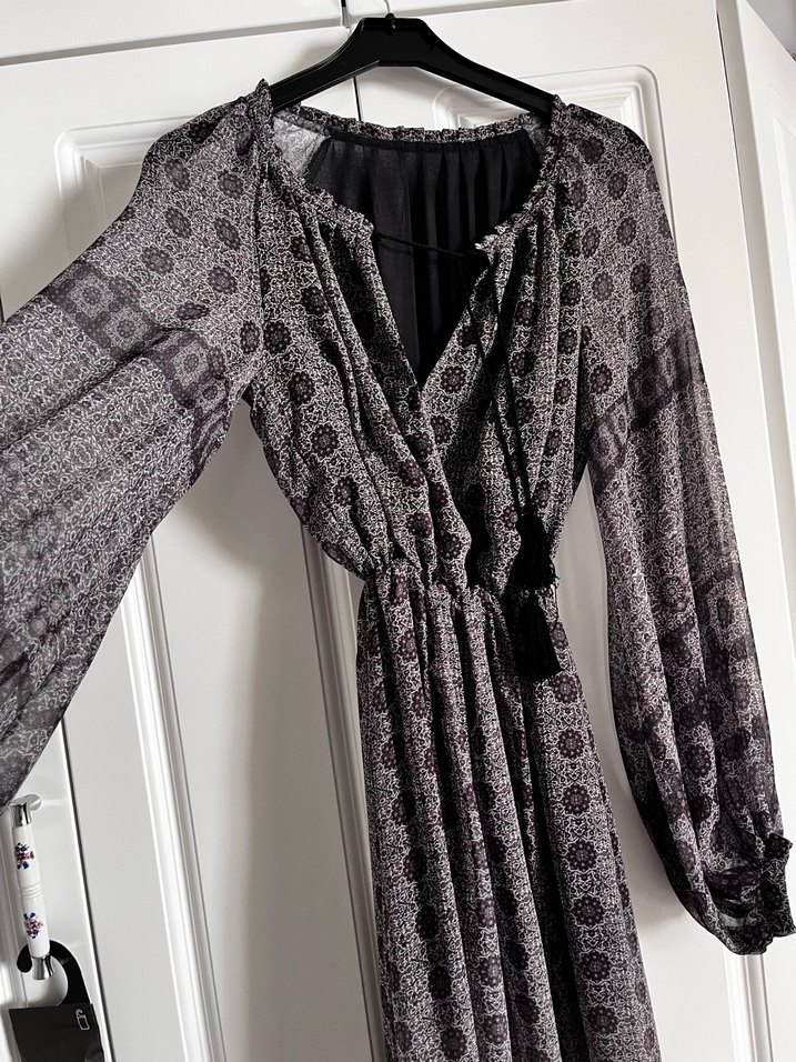 Mango Bohem V Yaka Uzun Kollu Gri Elbise - Görsel 4