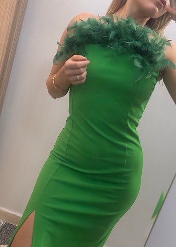 Yeşil Drapeli Uzun Straplez Elbise - Görsel 3