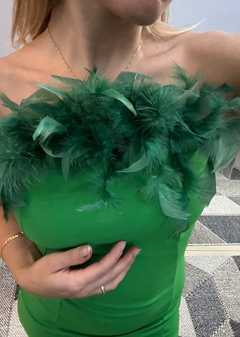 Yeşil Drapeli Uzun Straplez Elbise - Görsel 7