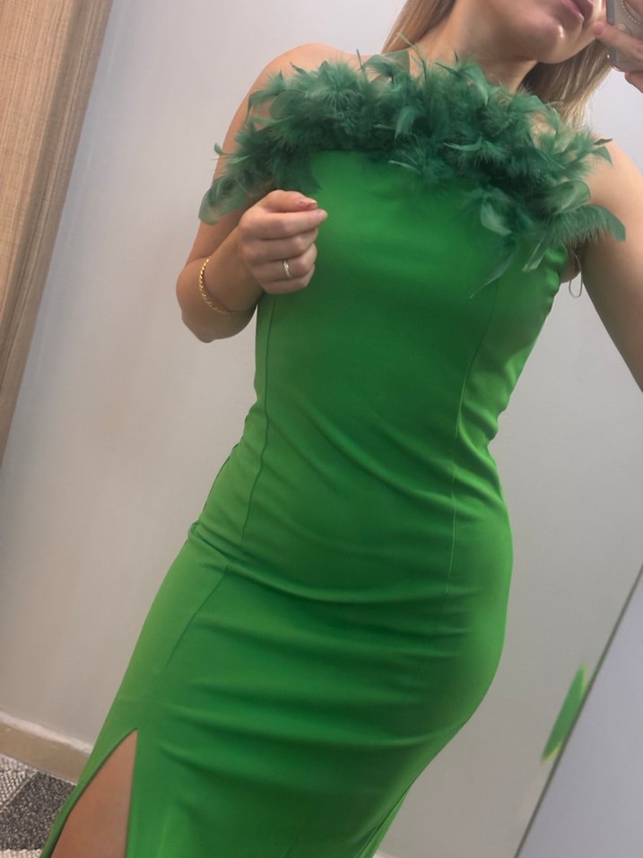 Yeşil Drapeli Uzun Straplez Elbise - Görsel 3