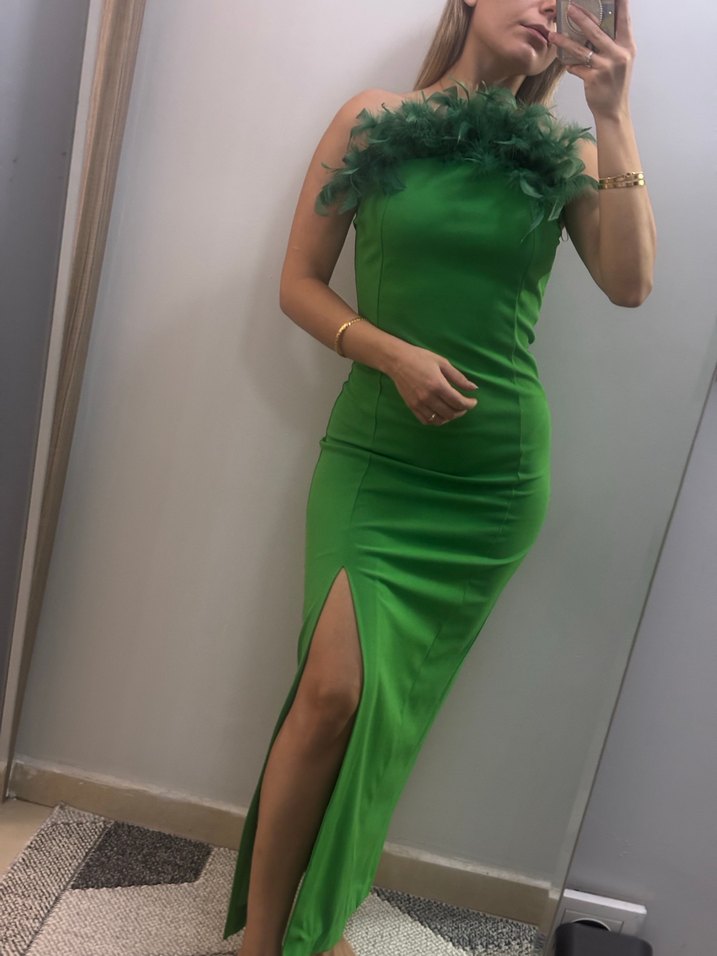 Yeşil Drapeli Uzun Straplez Elbise - Görsel 2