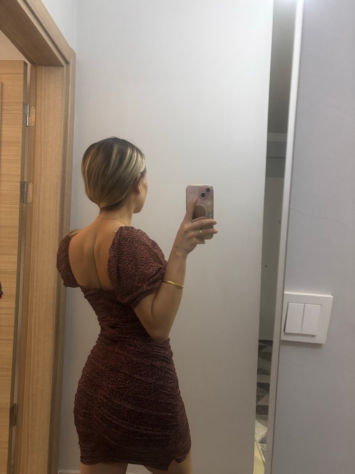 Kahverengi Yılan Desenli Midi Elbise - Görsel 3