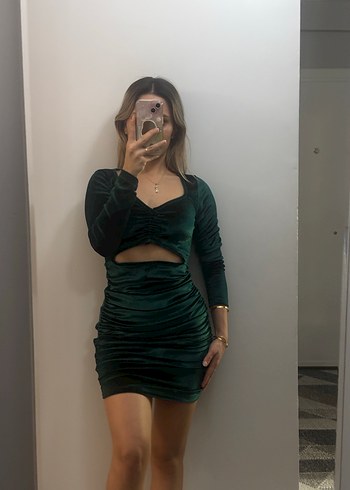 Süet Kumaşlı Yeşil Mini Elbise